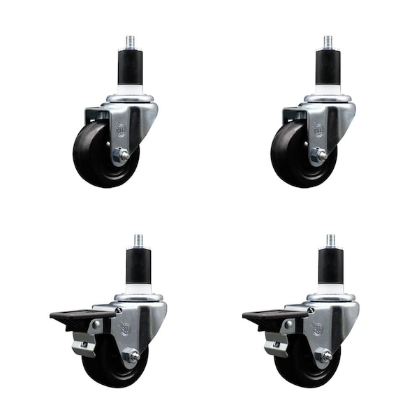 3'' Soft Rubber Wheel Swivel 1-1/2'' Expanding Stem Caster Set 2 Brakes, 4PK